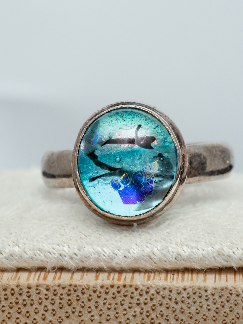Size 8 Sterling Silver Dichroic Glass Cabochon Statement Ring